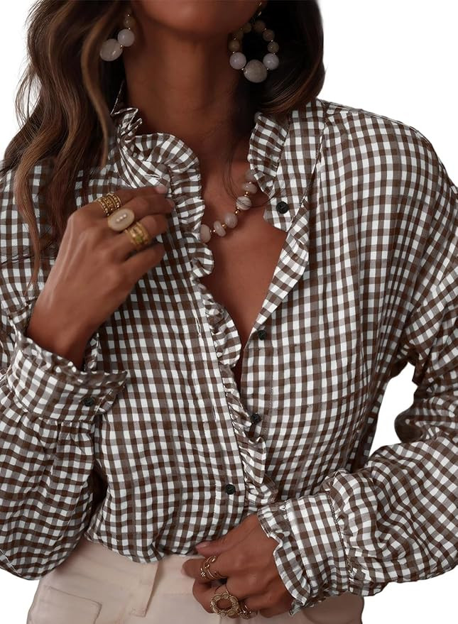 Astylish Womens Plaid Ruffle V Neck Button Down Blouse Casual Long Sleeve Gingham Trendy Tops Wor... | Amazon (US)