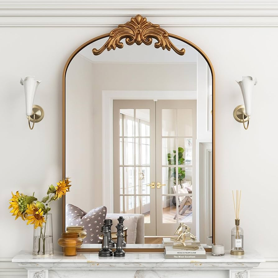 Arched Wall Mirror, Vintage Carved Bathroom Mirror 22" x 32" Gold Antique Metal Frame Wall Mirror... | Amazon (US)