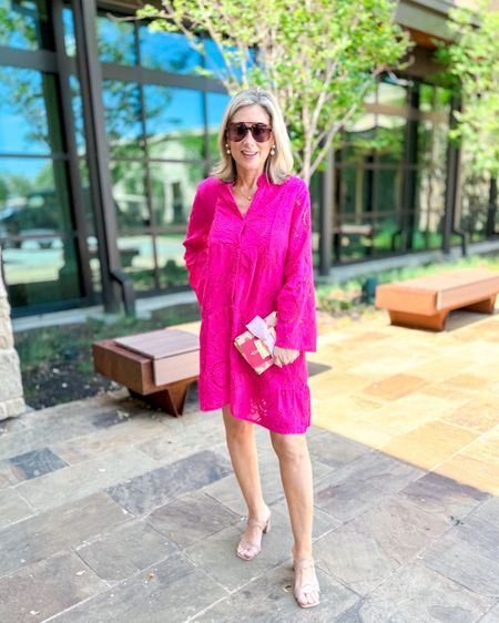 Color of the week is PINK!! 🩷🩷🩷 This long sleeve eyelet dress was the perfect choice to wear to my friend @hkcung’s daughter’s 1st birthday party this past weekend. It has a subtle high-low hemline, is lined, and has a v-neck with buttons to the natural waist. It also comes in other colors and is under $30! If you need a dress for graduations, wedding showers or Mother’s Day, this is a great choice. 

#springdress #weddingguest #amazonfind #fashionover40 #fashionover50 #sandals #blockheels #gardenparty 

#LTKwedding #LTKover40 #LTKparties