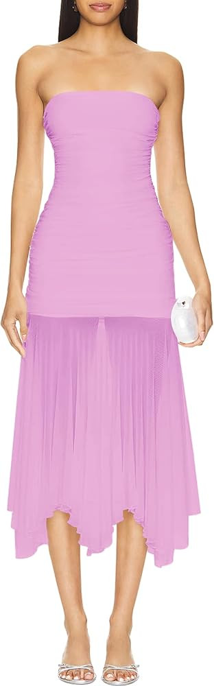 SHESEEWORLD Women's Elegant Ruffle Formal Long Dress Strapless Mesh Sleeveless Ruched Bodycon Clu... | Amazon (US)