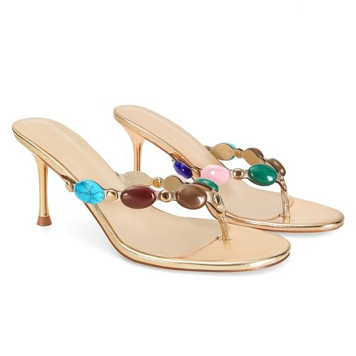 MAIJED Jeweled Flip Flop Kitten Heels for Women Open Toe Beaded Strappy High Heels Sandals Slip On Thong Heeled Mules Mid Heel Fashion Party Dress Shoes Gold US8.5 | Amazon (US)