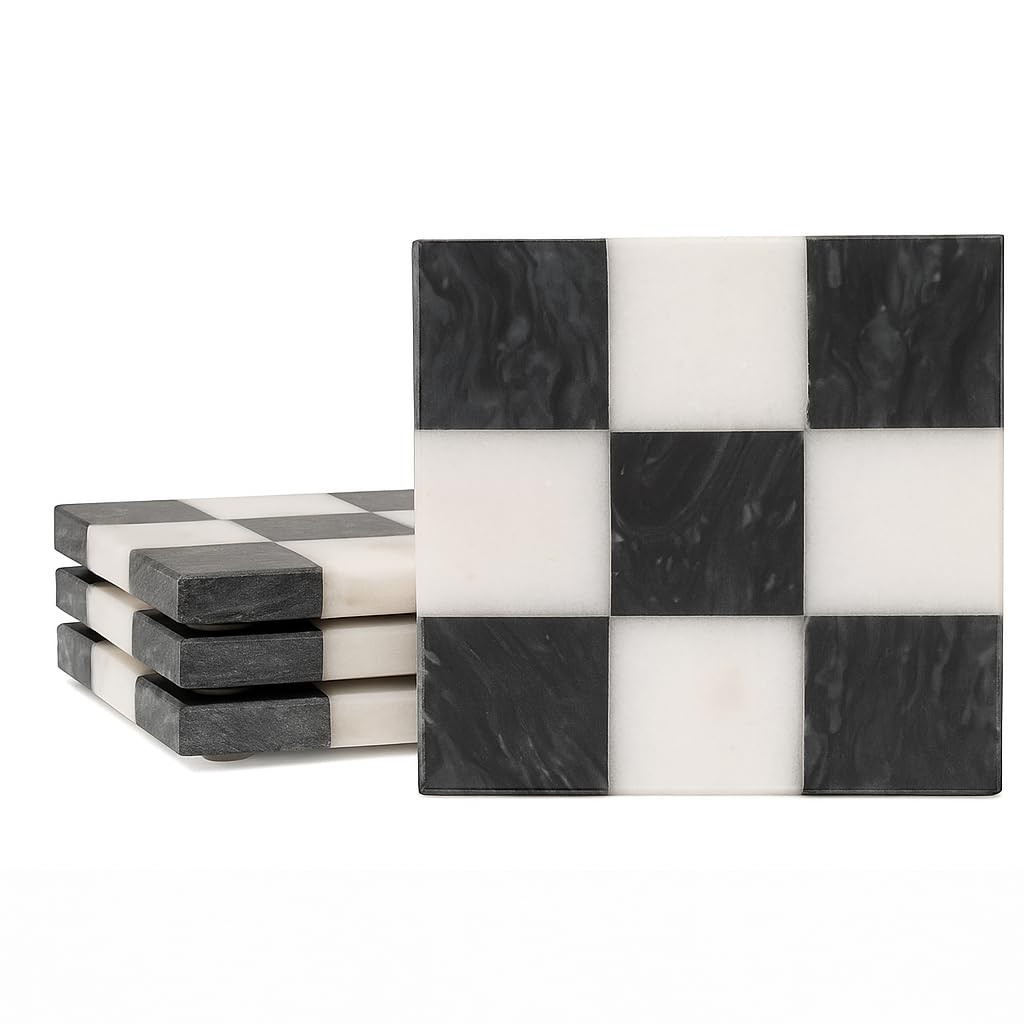 Checkered Marble Coasters – Set of 4 Aesthetic Black and White Stone Drink Coasters for Table, ... | Amazon (US)