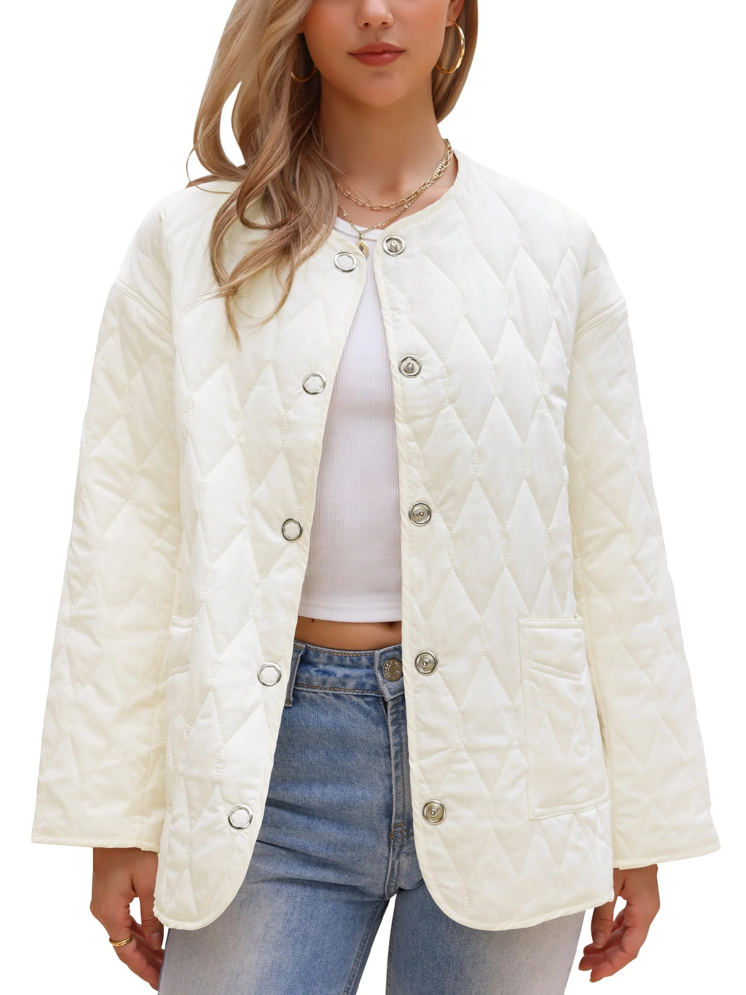 INSPIRE CHIC Elegant Puffer Jacket for Women's Long Sleeve Snap Button Quilted Down Jackets XS Wh... | Walmart (US)