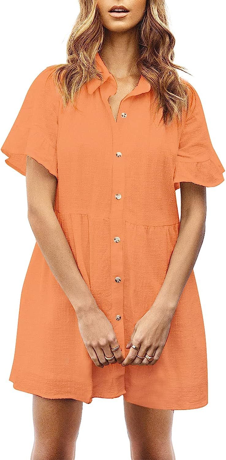 ROYLAMP Women's Cute Tunic Dress Bell Sleeve Split Hem Button up Flowy Casual Collared Mini Dress... | Amazon (US)