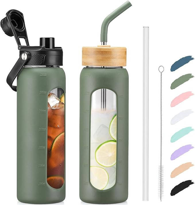 Kodrine Water Bottle with Straw, 24 oz Glass water Bottle with 2 Lids Bamboo Straw Lid and Spout ... | Amazon (US)