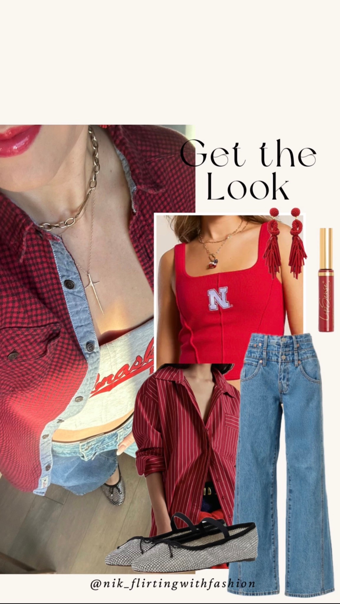 Game day look. Loving all the football that’s on right now, even though our team didn’t perform quite like we’d hoped. Anyway, for the new year, I highly recommend you get yourself a pair of   ✨crystal ballet flats✨ - they are so 👌 and my favorite jeans are on sale right now! (🚨 Under $100). I sized up x1 for a comfier fit.
// College game day look, get the look, spirit gear, college team outfit, double waist jeans, corset top, plaid button down, crystal flats, rhinestone ballet flats, wide leg jeans, huskers outfit, red lip, red button down, red beaded earrings, red statement earrings

#LTKFindsUnder100