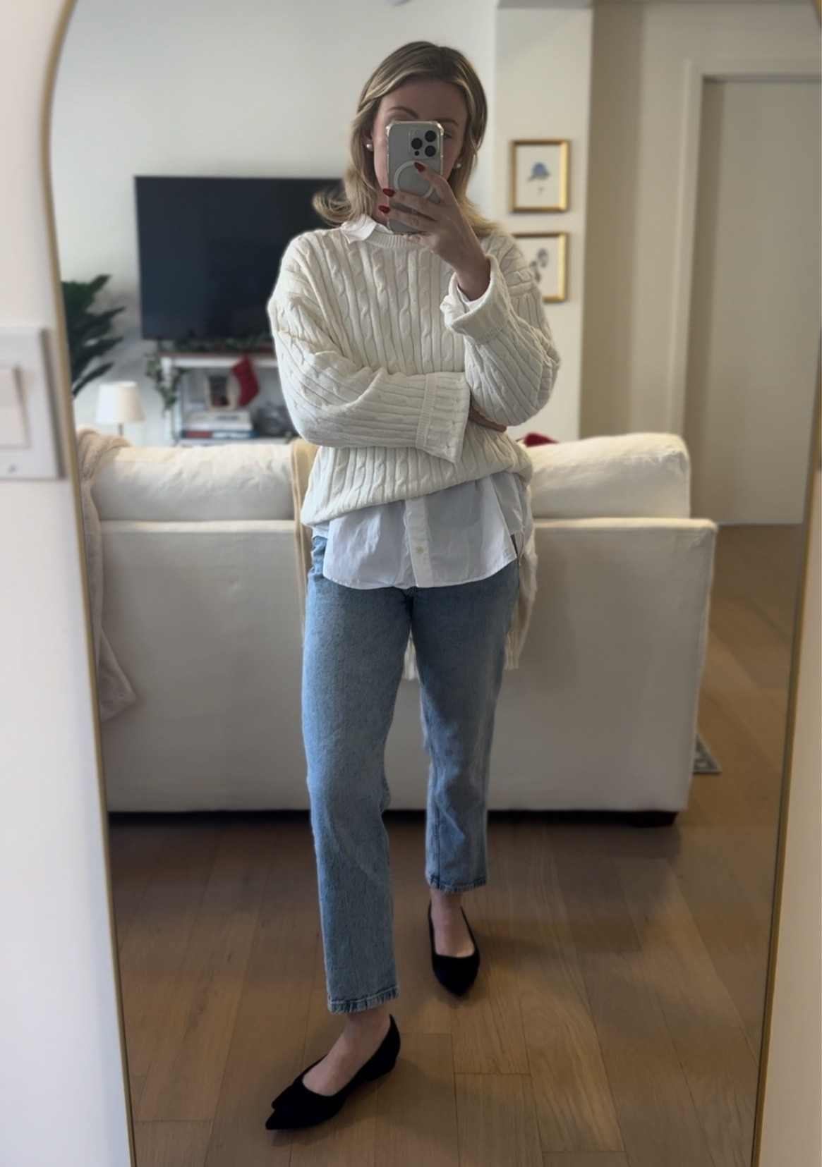 Layered cable knit sweater over a white button down & comfortable navy blue buckle flats! 

#LTKFindsUnder100 #LTKStyleTip #LTKWorkwear