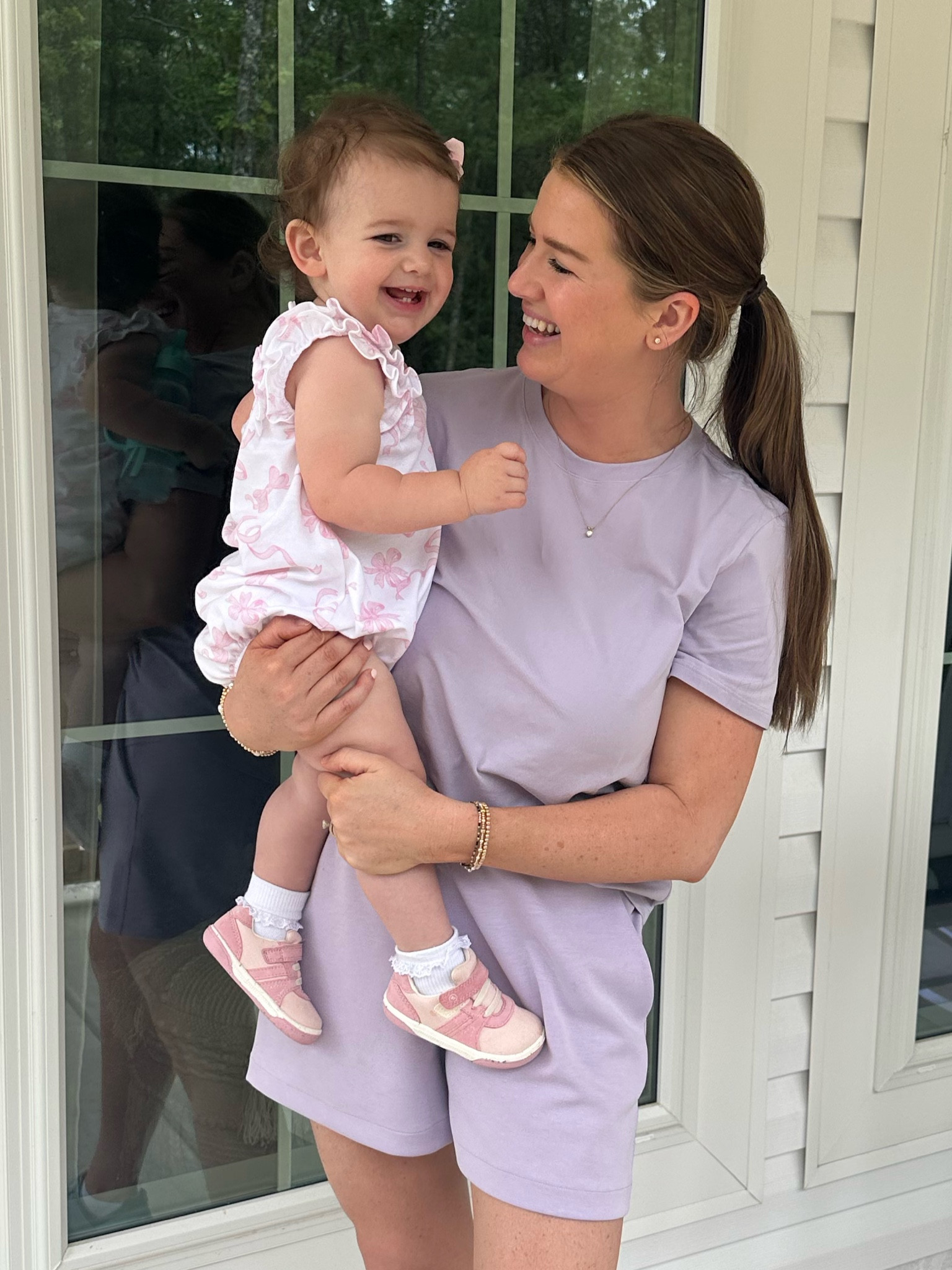 I am wearing size 8 in top and bottom. I am a true medium. Hallie is wearing 24m bubble and size 5 shoe

#LTKfamily #LTKkids