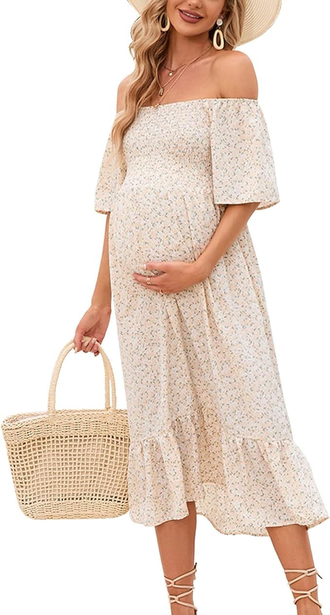2023 Summer Maternity Dress for Baby Shower Photoshoot, Casual Square Neck Smocked Flowy Midi Pre... | Amazon (US)