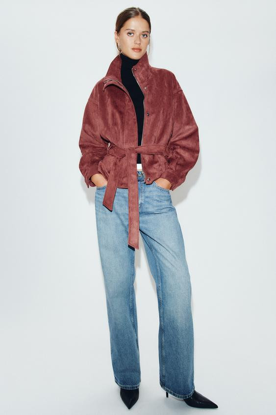Zara - Faux Suede Jacket With Belt - Marsala - M - Woman | Zara US