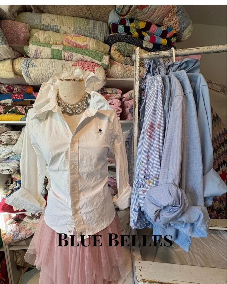 Something Blue  Upcycled Ralph Lauren Bridal Getting Ready Shirt Ruffle Collar Button Down Weddin... | Etsy (US)