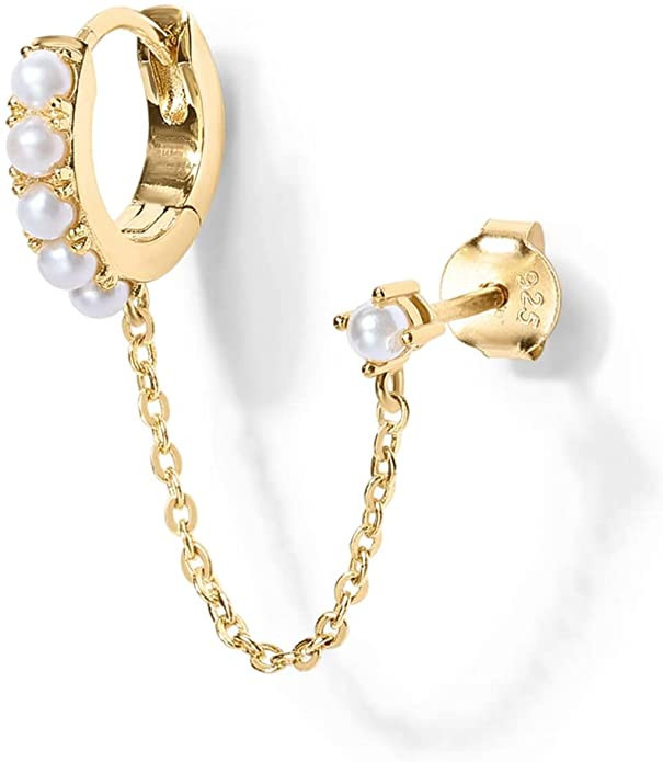 PAVOI 14K Gold Chain Earrings for Women | Double Piercing Dangle Chain Huggie Hoop Earrings | Cub... | Amazon (US)