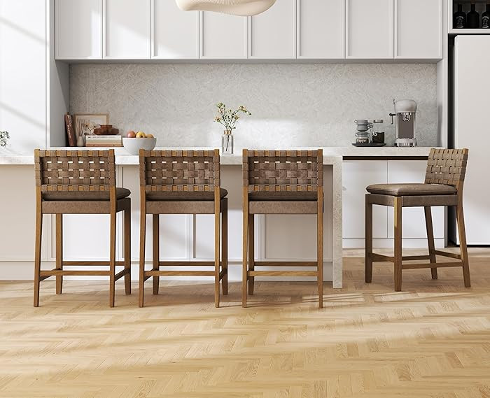 EALSON Mid Century Rattan Bar Stools Set of 4 Modern Farmhouse Barstools with Leather Woven Backs... | Amazon (US)