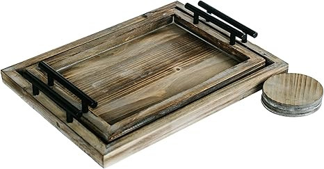 Decorative Ottoman Serving Tray Wooden Rustic (Set of 2) | Black Sleek Metal Handles | 4 Matching... | Amazon (US)