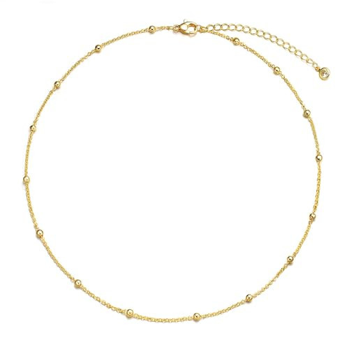Tewiky Choker Necklace for Women, 14k Gold Plated Beaded Dainty Gold Simple Trendy Short Satellite Chain Necklace Fashion Gold Jewelry for Women Girls | Amazon (US)