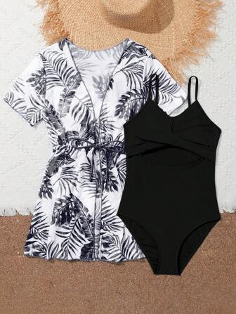 Teen Girls' Solid Color One-Piece Swimsuit With Spaghetti Straps And Full Body Printed Cover-Up | SHEIN