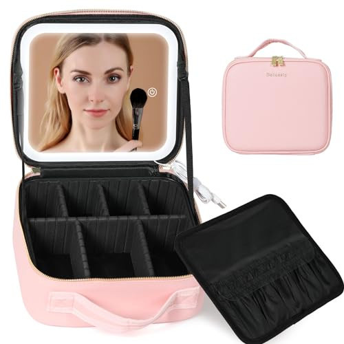 Behaesty Travel Makeup Bag with LED Lighted Mirror, Cosmetic Makeup Organizer Bag with 3 Color Setting, Makeup Train Case with Adjustable Dividers for Women Makeup Brushes Jewelry Accessories (Pink) | Amazon (US)