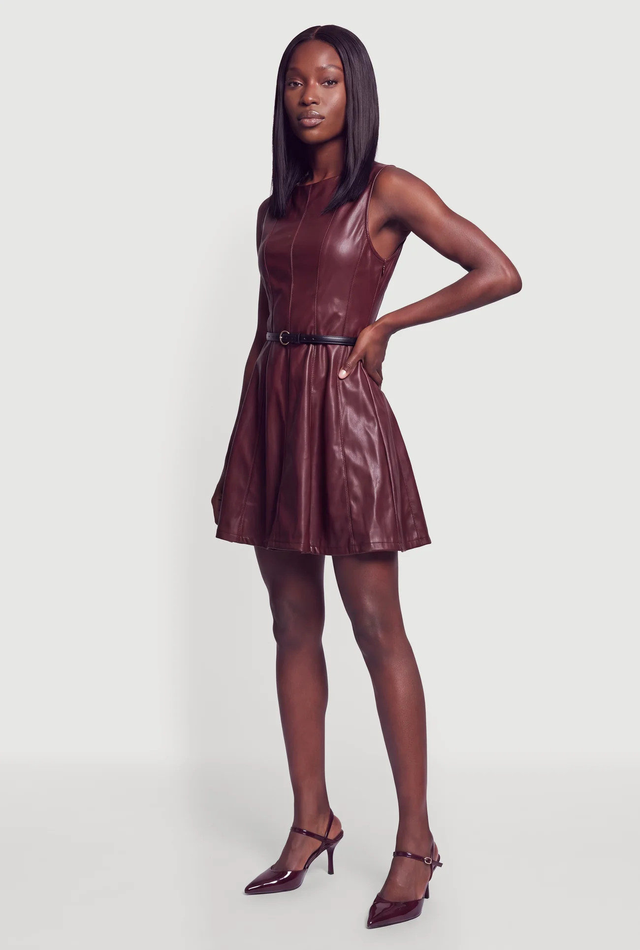 Sleeveless Belted Faux Leather Mini Dress | Rainbow Shops