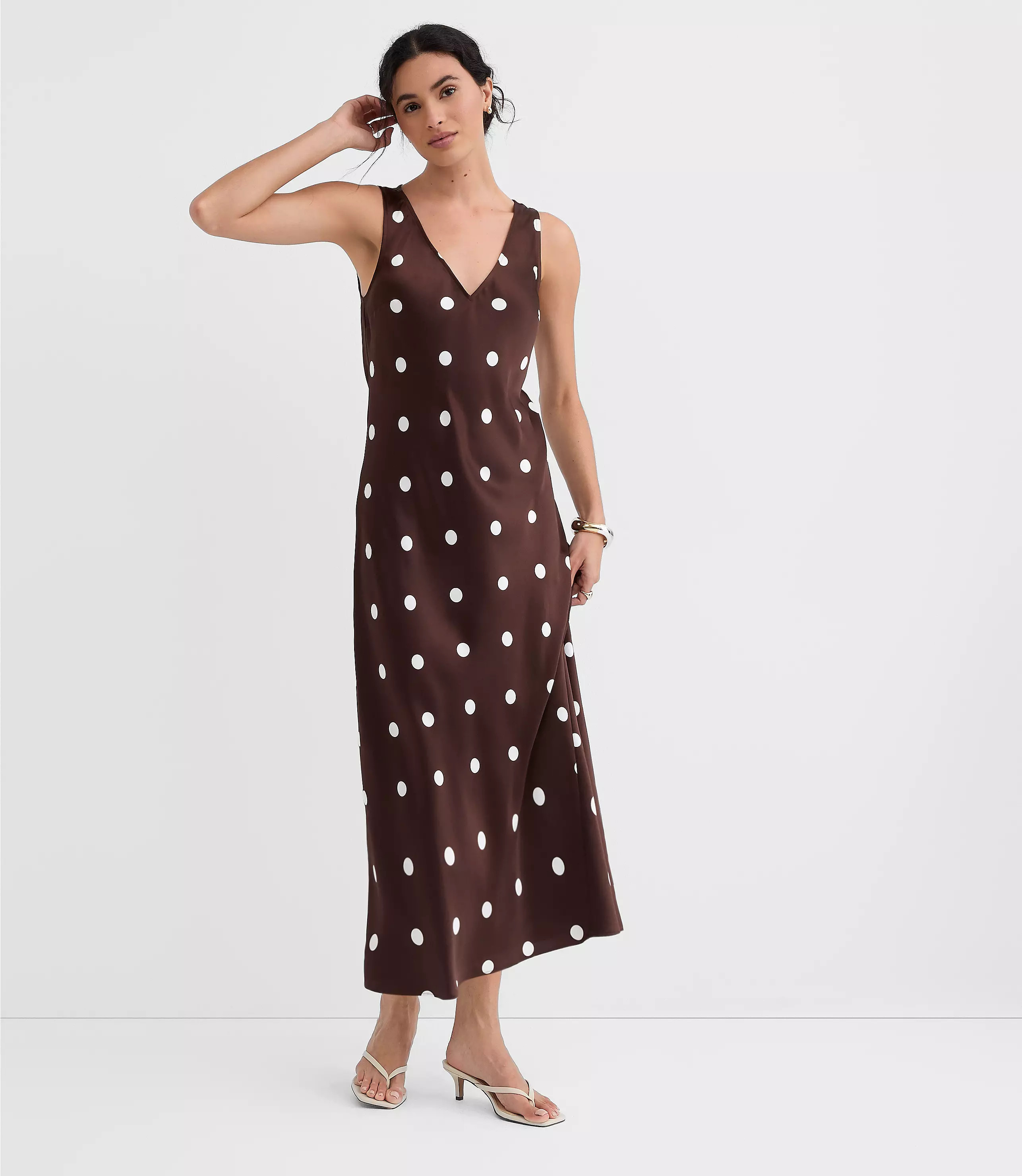 Dotted Satin V-Neck Bias Maxi Dress | LOFT