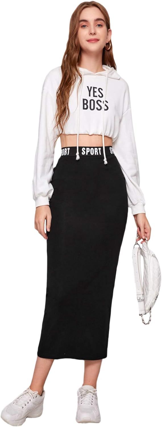SheIn Women's Casual Waist Letter Elastic Waist Ribbed Knit Bodycon Pencil Midi Skirt | Amazon (US)