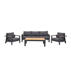 Palau 4 Piece Outdoor Sofa Set in Dark Grey with Natural Teak Wood Accent Top | Cymax