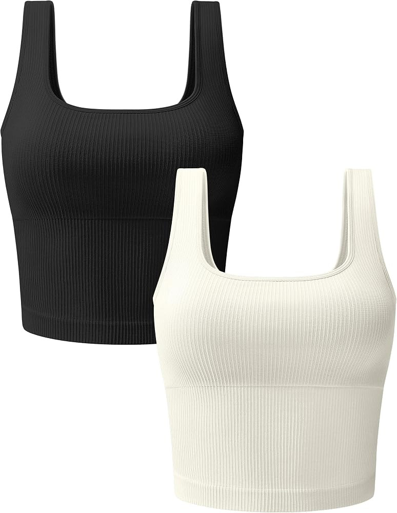 OLCHEE Womens 3 Pack Crop Tank Tops Basic Seamless Ribbed Sleeveless Square Neck Workout Top Summ... | Amazon (US)