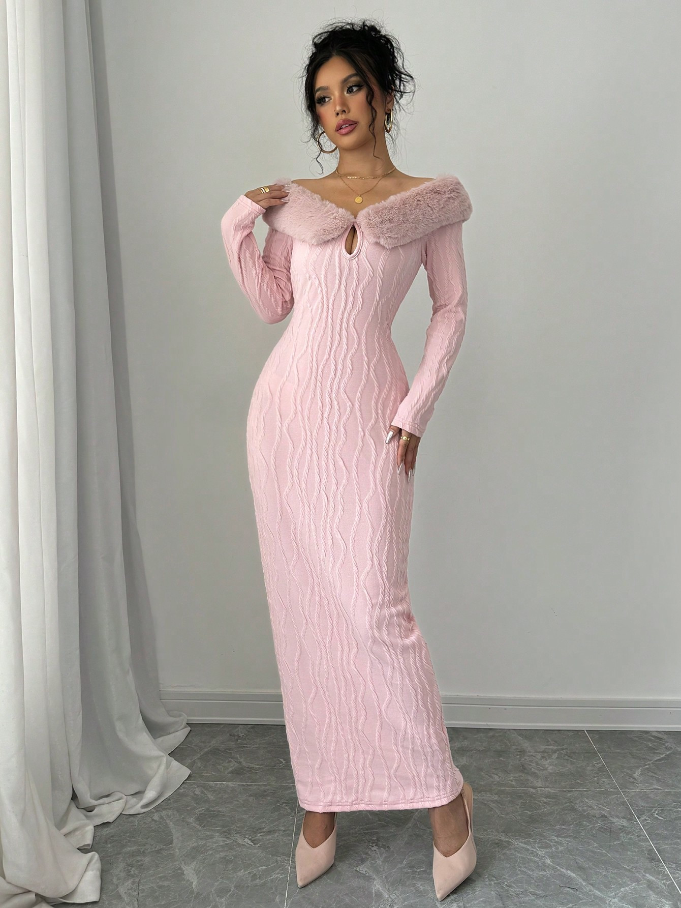 SHEIN Raffinéa 1pc Long Sleeve Fluffy Collar Tie-Waist Off Shoulder Elegant Charming Dress | SHE... | SHEIN