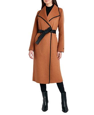 Women's Faux-Leather-Trim Belted Wrap Coat | Macys (US)