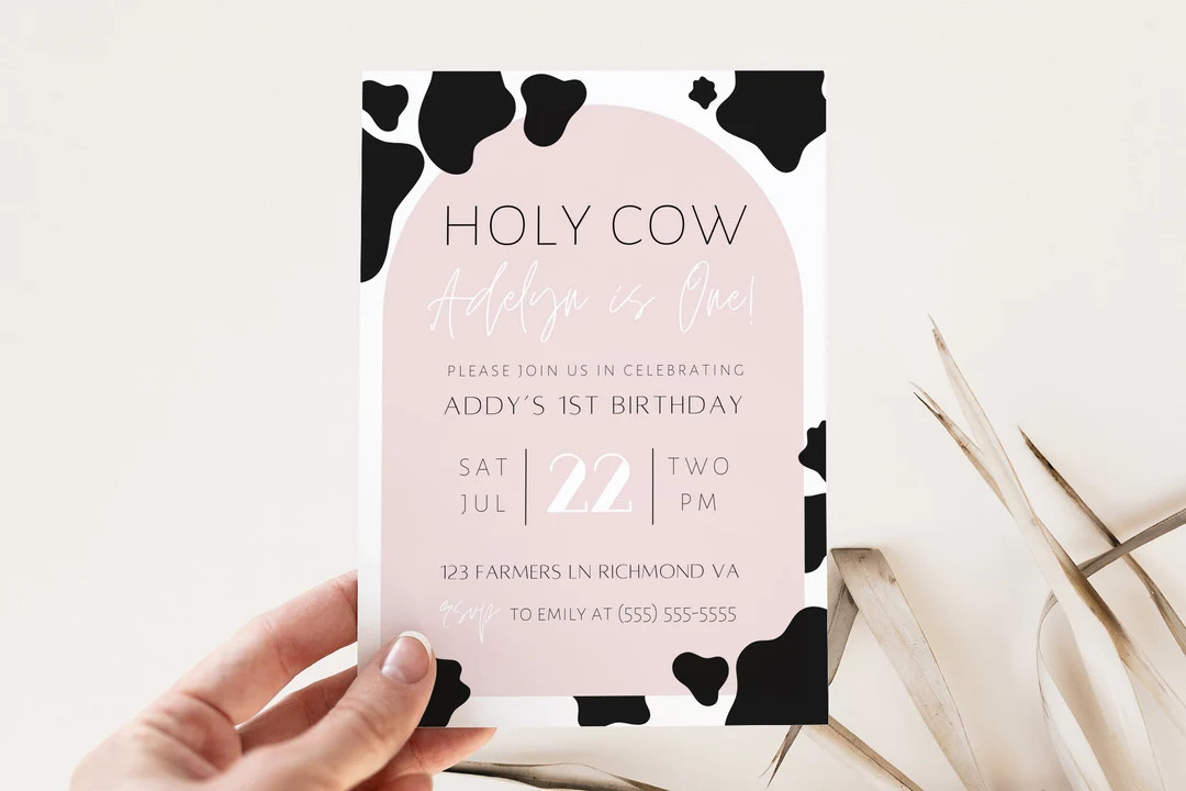 Holy Cow I'm One Girls Birthday Invitation, Cow Print Birthday Invitation Template, Cow Invite, E... | Etsy (US)