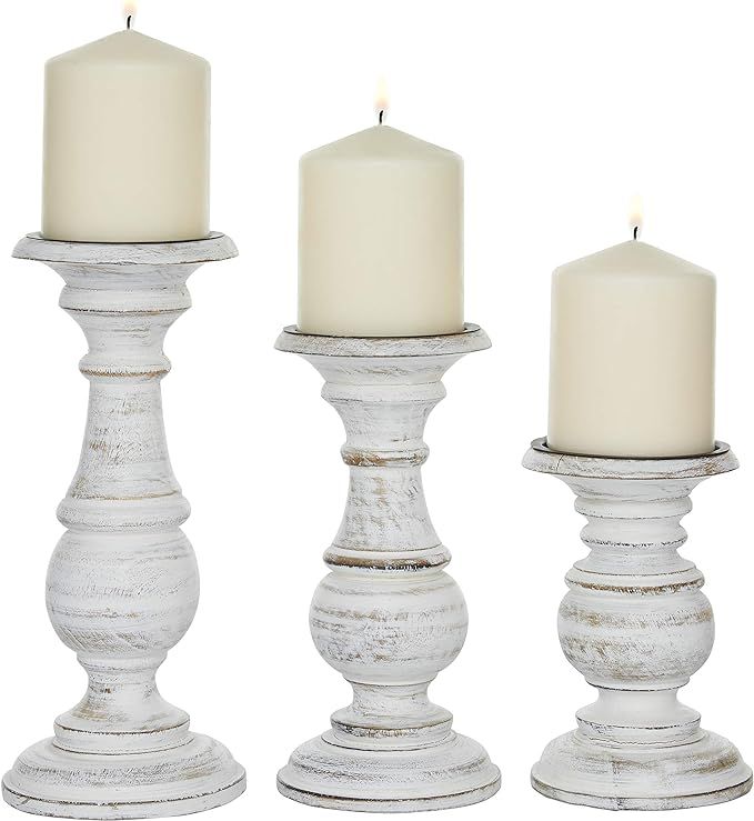 Deco 79 Traditional Mango Wood Pillar Candle Holder Set of 3, 6", 8", 10"H, White/Rose Blush Fini... | Amazon (US)