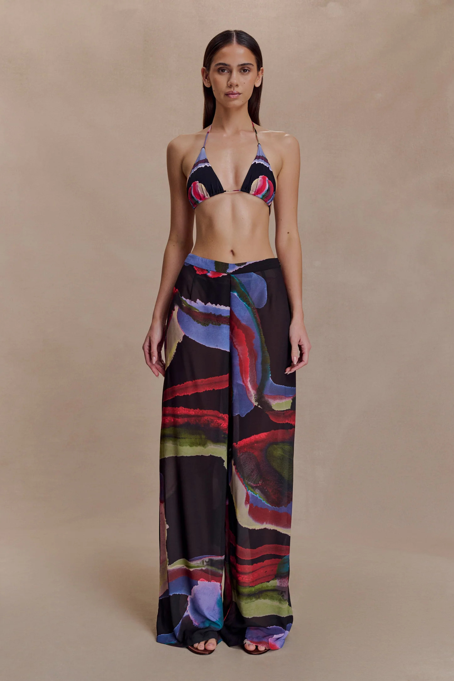 Rachel Chiffon Straight Leg Pants - Multi Fluid Reverie Print | MESHKI US