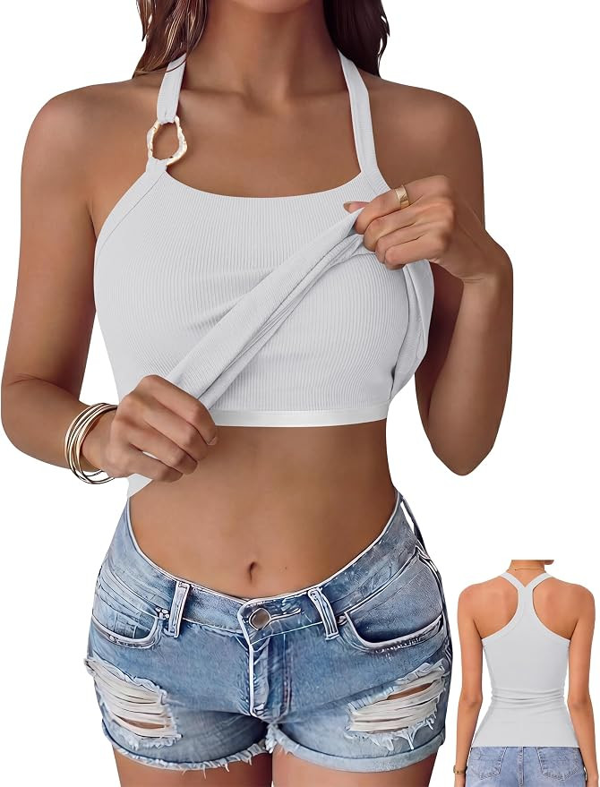 OwnTime Womens Built in Bra Tank Tops Padded Summer Sleeveless Square Neck Racerback Shirts Ribbe... | Amazon (US)