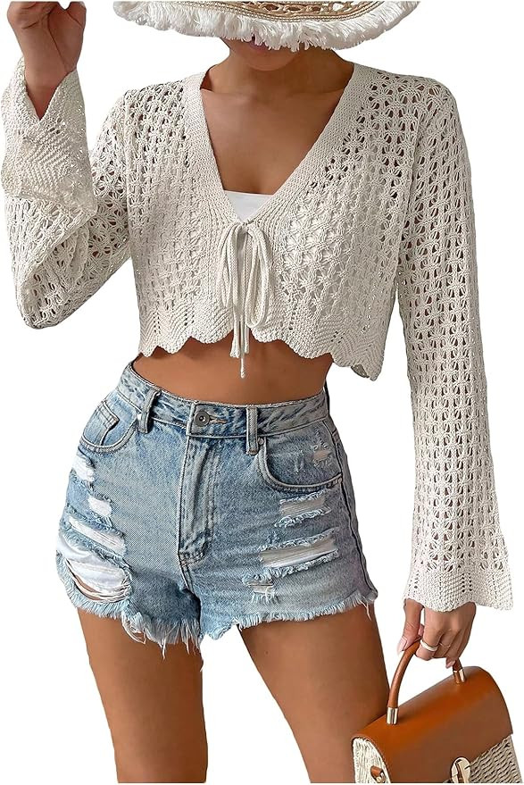 GORGLITTER Women's Crochet Tie Front Tops Bell Long Sleeve Cropped Cardigan Summer Beach Festival... | Amazon (US)