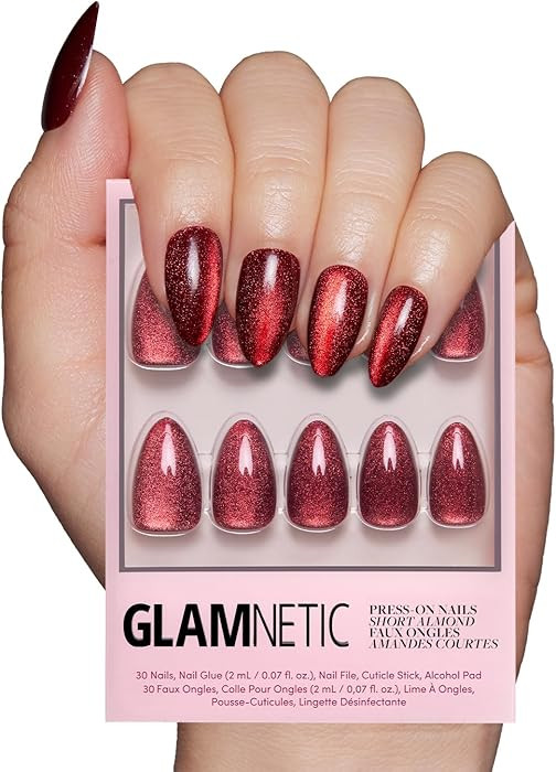Glamnetic Press On Nails - Ruby Slipper | Deep Red Sparkly Short Almond Fake Nails with a Velvet ... | Amazon (US)