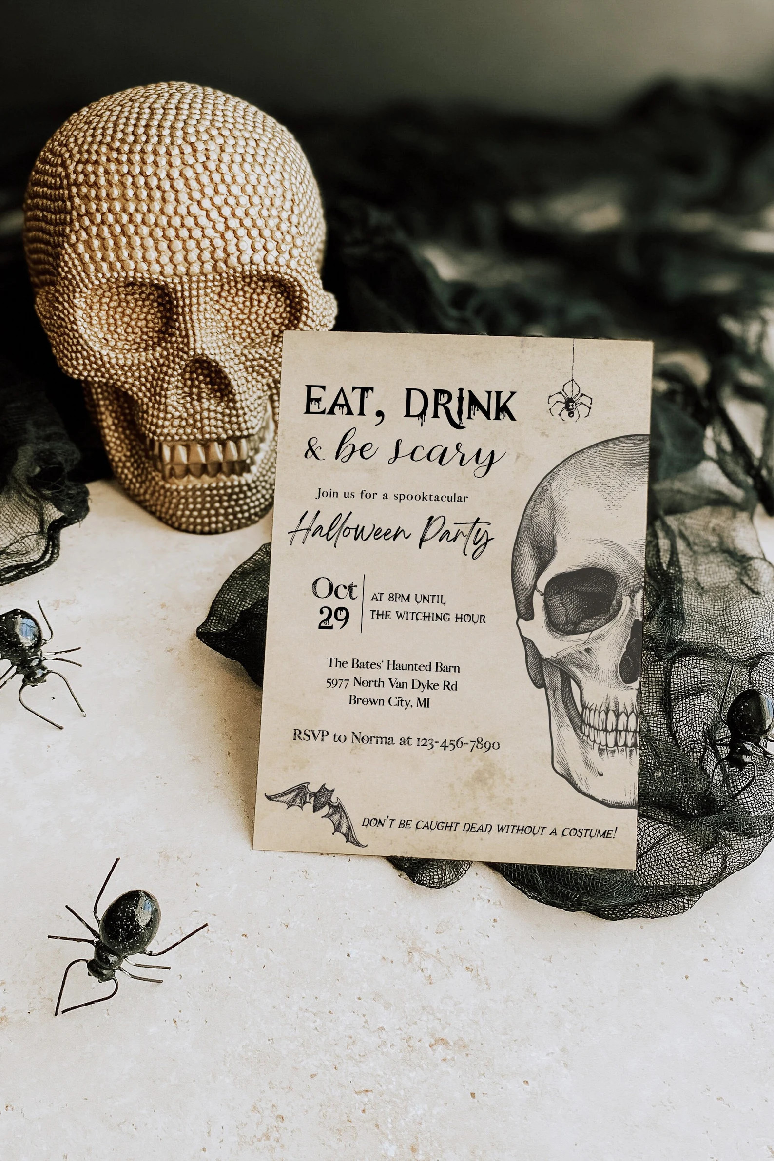 Adult Halloween Party Invite Template, Eat Drink and Be Scary Invitation, Vintage Skull Invite, C... | Etsy (US)
