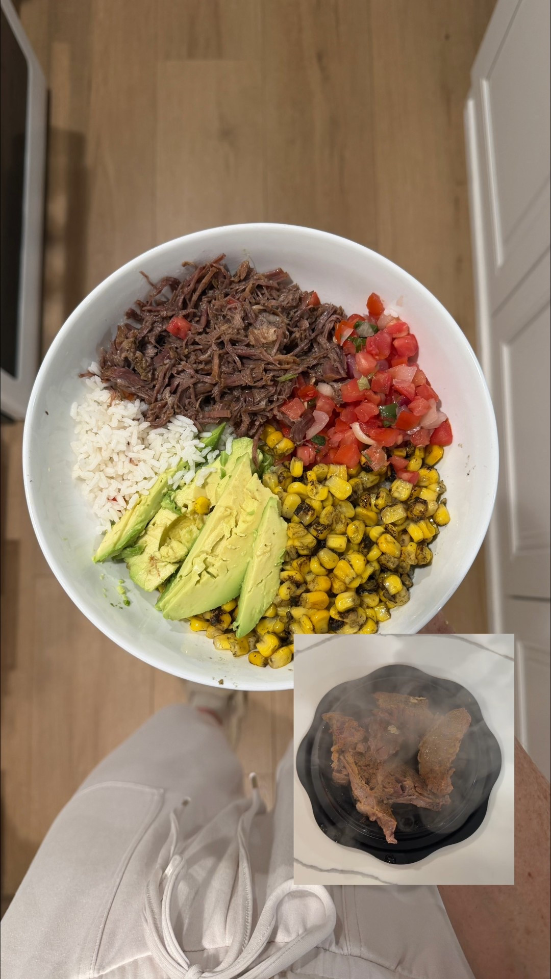 Shredded Beef Bowls. 
Ingredients:
2 tablespoons apple cider vinegar
½ cup low-sodium beef broth
¼ cup salsa verde
6 garlic cloves
3 pounds boneless chuck roast trimmed of excess fat and cut into 4 equal-sized chunks
2 ½ teaspoon kosher salt
1 teaspoon pepper
2 teaspoon ground cumin
4 bay leaves
1 tablespoon dried oregano

 Beef (Instant Pot Method):
In the bottom of an instant pot, combine apple cider vinegar, broth, salsa verde, garlic, and stir until well combined.
Season the chuck roast on all sides with the salt, pepper, cumin, oregano and nestle into the sauce in the InstantPot. Add bay leaves.
Cover and ensure that the InstantPot is properly sealed. Cook on Manual High Pressure for 60 minutes.
When the cook time is complete, release the pressure in the InstantPot manually by carefully turning the valve to release. Once all of the pressure has fully released, carefully open the lid.
Using tongs, transfer the cook roast to a sheet pan and using two forks, shred the meat. Return the shredded meat to the sauce in the pot and toss until well coated. Let rest in the sauce for at least 10 minutes to really allow the sauce to coat the shredded beef all over and soak in.

#LTKvlog #LTKHome #LTKfoodie