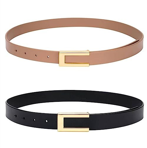 YooAi Womens Leather Belt Skinny Waist Belt for Dresses Jeans Pants with Gold Buckle Black+Khaki 105 | Amazon (US)