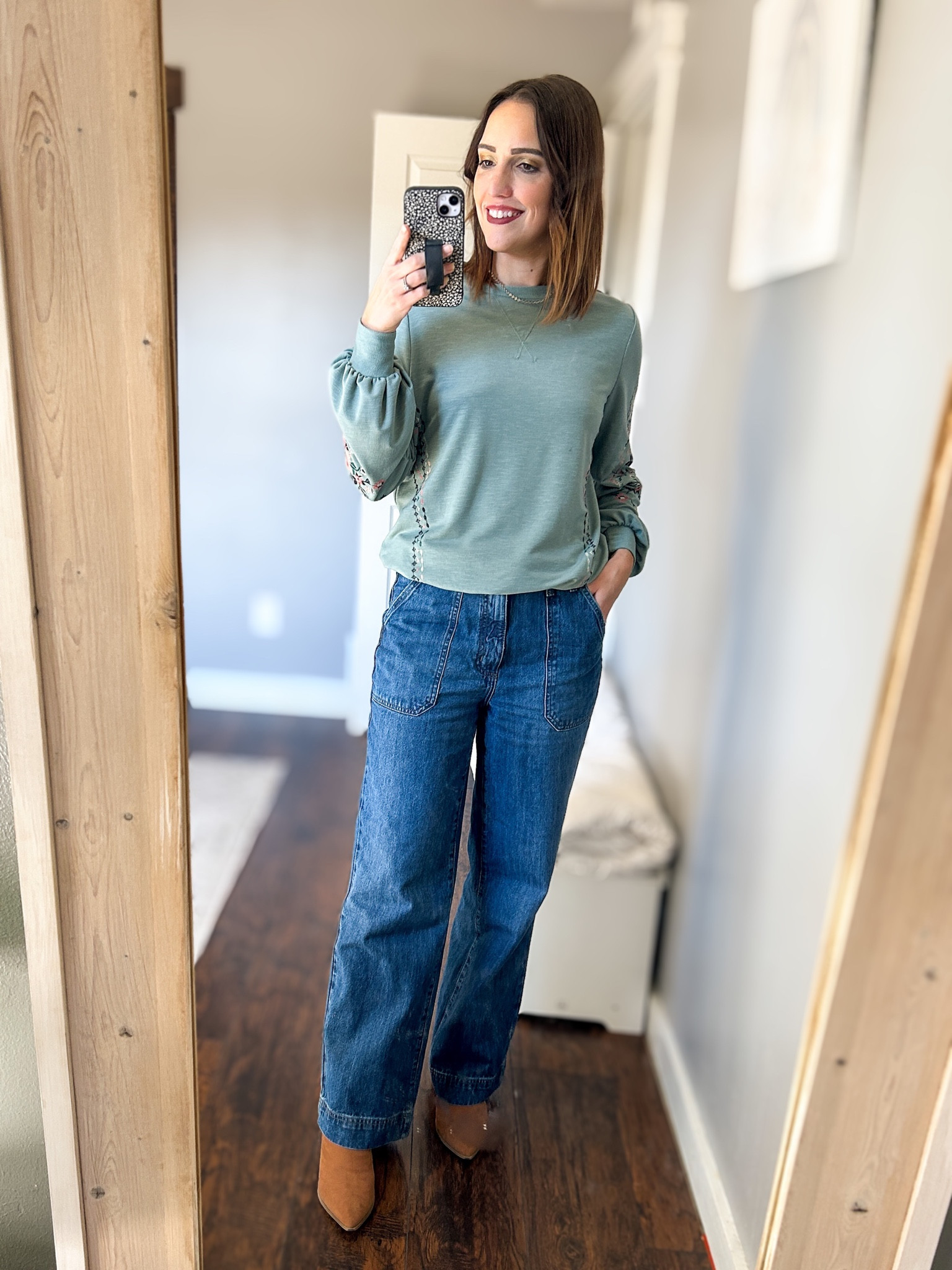 Target fall outfits
Green pullover sweatshirt (linked similar)
High rise wide leg jeans — TTS, wearing 6
Brown pointed toe booties (linked similar)

#LTKSeasonal #LTKfindsunder50 #LTKstyletip