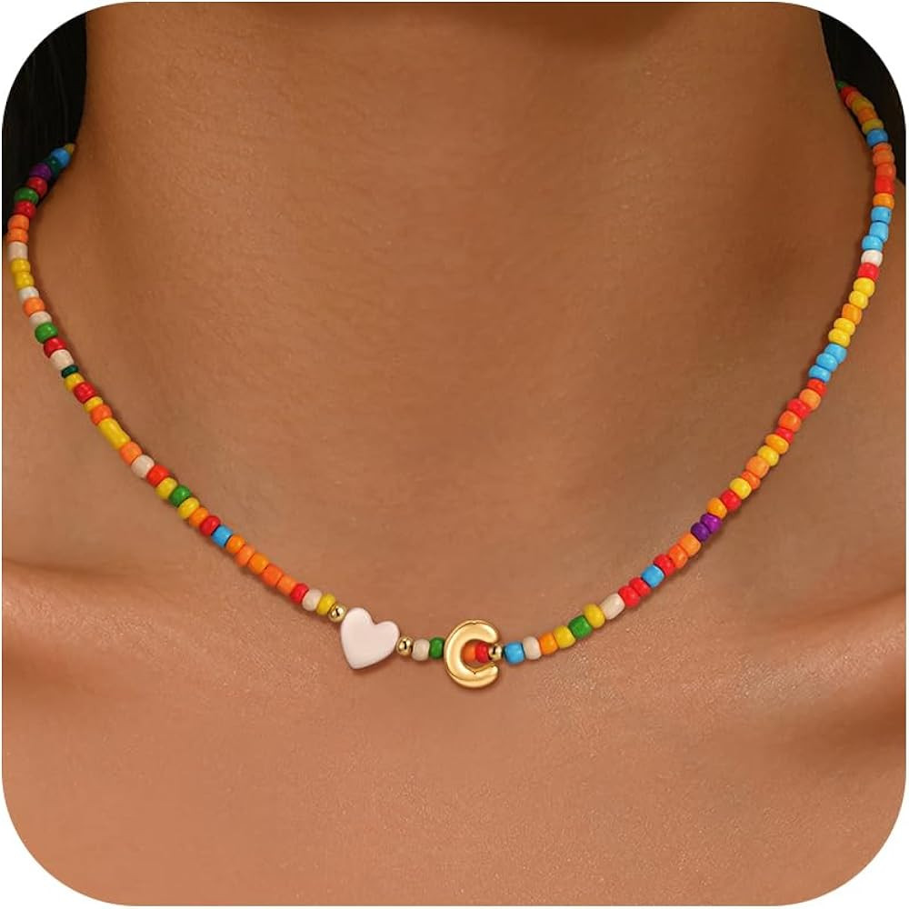 Colorful Initial Necklace for Women, 14K Gold Plated Bubble Initial Choker Necklace Dainty Heart ... | Amazon (US)