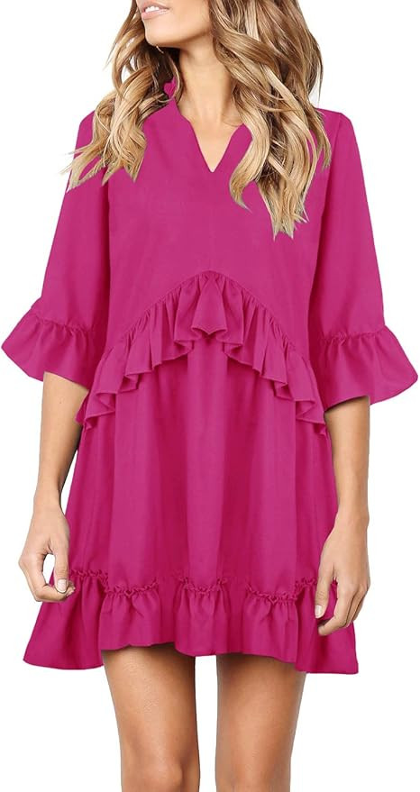 MITILLY Women's V Neck Ruffle Polka Dot Pocket Loose Swing Casual Short T-Shirt Dress | Amazon (US)