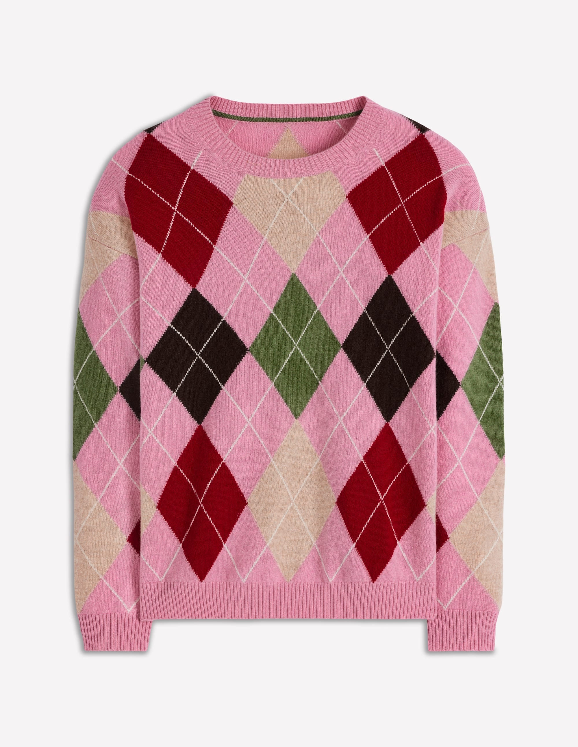 Lydia Cashmere Jumper-Pink, Brown and Green Argyle | Boden (US)