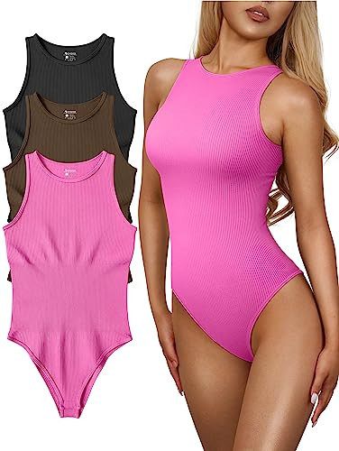 OQQ Women's 3 Piece Bodysuits Sexy Ribbed One Piece Sleeveless Halter Neck Tops Leotard Summer Trendy Black Coffee Rose | Amazon (US)