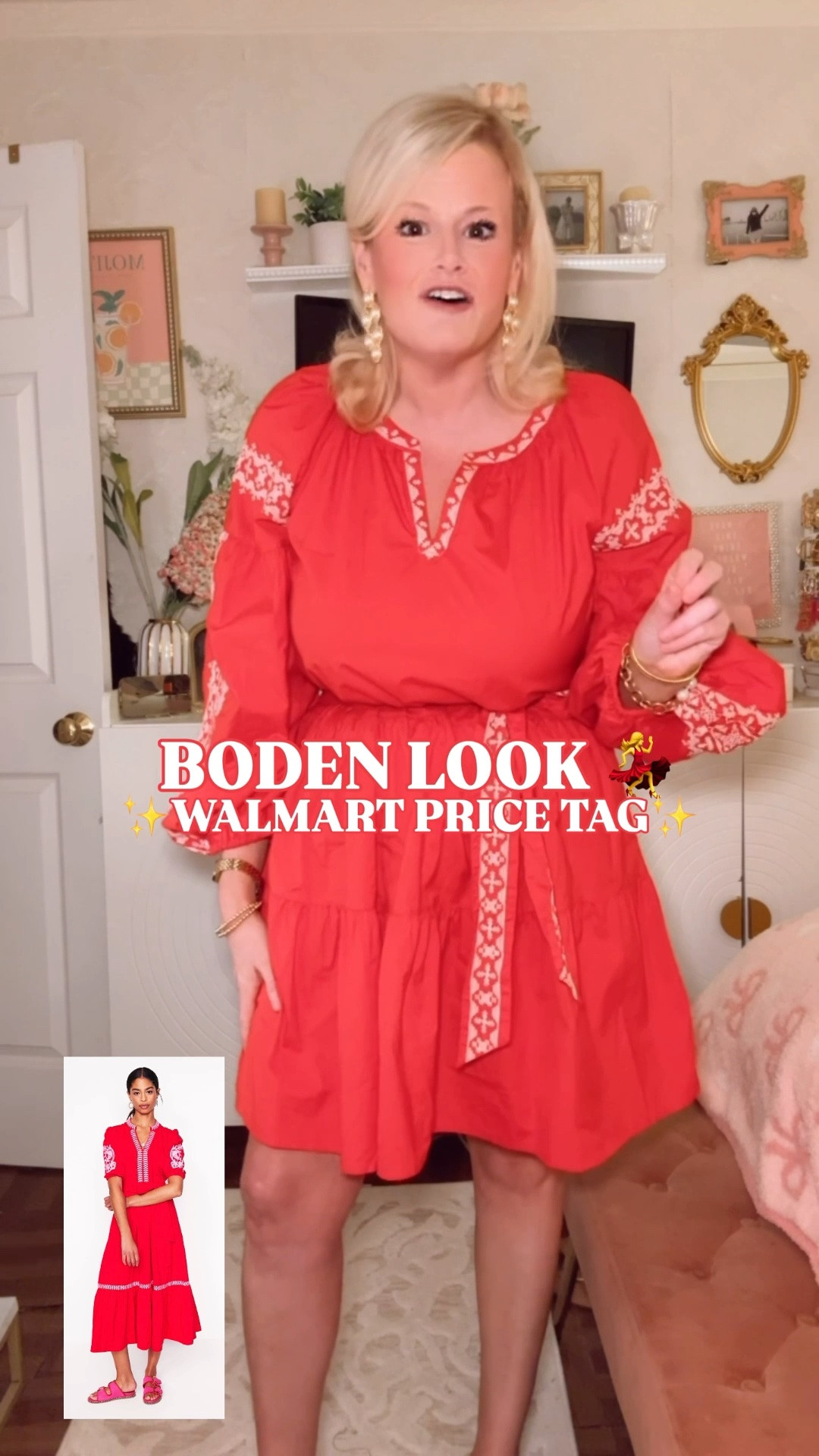 Boden Amara mini dress look for less, Walmart embroidered dress, red cotton dress, preppy summer dress

This Walmart embroidered mini has that Boden Amara-style charm, but in an easier short length and a much friendlier price range. The red cotton, white contrast embroidery, split neckline, tie belt, full sleeves, and ruffle hem make it feel cheerful and polished. 

The detail is what makes it worth stopping for. The embroidery looks intentional, the balloon sleeves give it shape, and the 100% cotton keeps it breathable for warm weather.

I’m in a medium. True to size with a slightly generous fit, so if you’re between sizes, I’d size down. Also available in navy.

This is such a strong summer dress for Fourth of July outfits, vacation dinners, resort outfits, brunch, beach town shopping, church, casual parties, teacher outfits, lunch dates, summer travel, and any day you want one piece to do the outfit work.

If you search for Boden look for less, Boden Amara dress, Walmart dress, embroidered dress women, red mini dress, cotton summer dress, preppy dress women, vacation dress, resort wear, Fourth of July dress, teacher outfit, casual summer dress, Time and Tru dress, Walmart fashion finds, or designer look for less, this is the one to add to cart before everyone else discovers it.

Boden inspired dress, Walmart embroidered mini dress, red cotton dress, navy cotton dress, preppy summer outfit, vacation outfit women, resort dress women, affordable preppy style, summer dress women

#LTKFindsUnder50 #WalmartFinds #BodenStyle #PreppyStyle #SummerDress #VacationOutfit #LookForLess

#LTKWedding #LTKWorkwear #LTKSeasonal