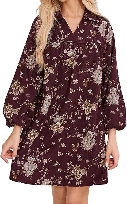 LifeShe Women's Printed Corduroy Babydoll Dress Floral V-Neck Mini Dress | Amazon (US)