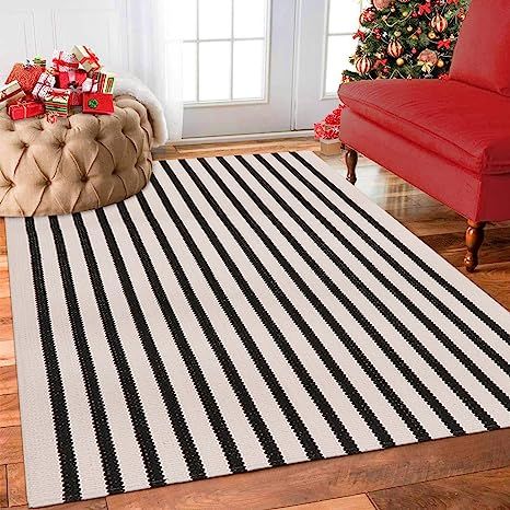 Black and White Striped Area Rug 3x5 ft Outdoor Patio Rugs LEEVAN Woven Washable Farmhouse Collec... | Amazon (US)