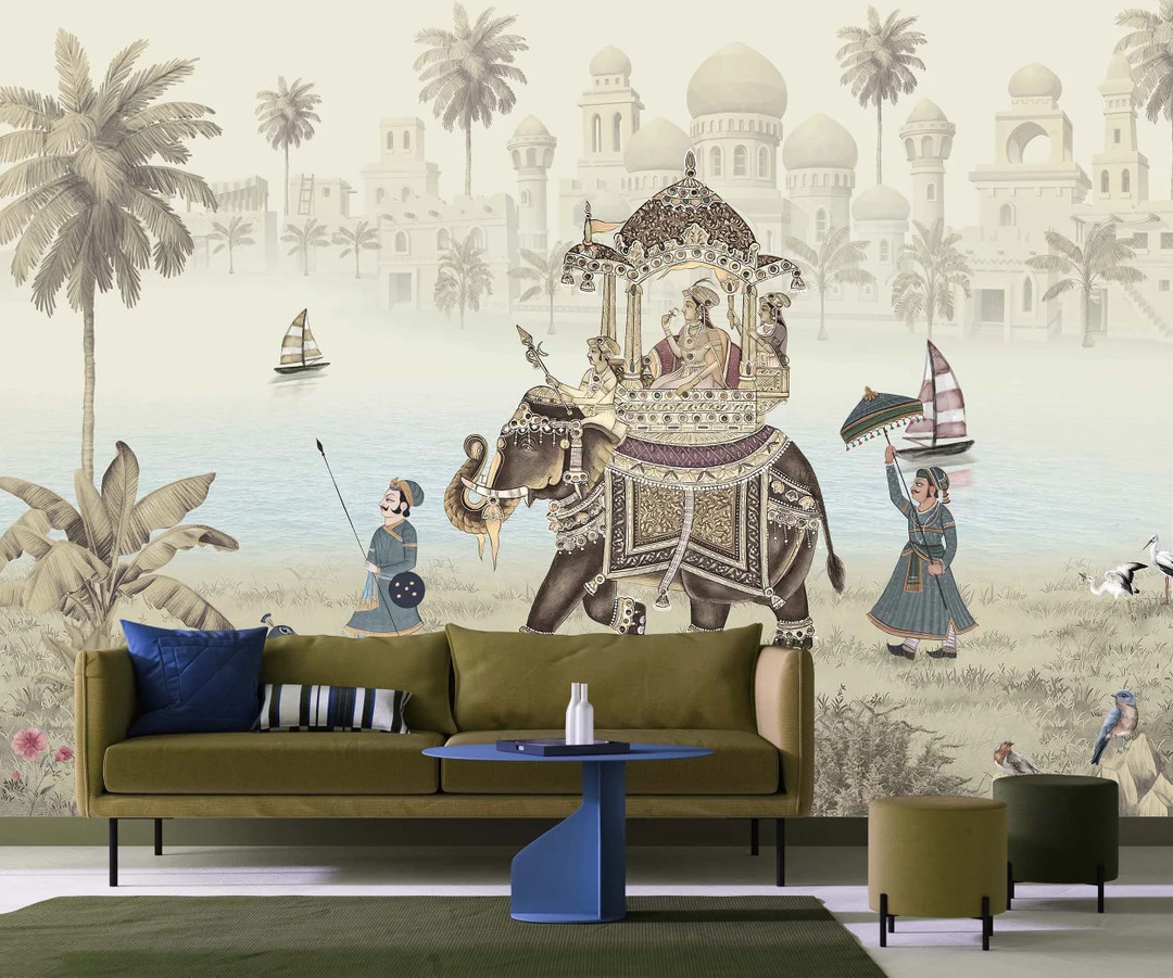 Indian Elephant Wallpaper Landscape Peel and Stick Vintage Wall Mural Palace Wall Art - Etsy Cana... | Etsy (US)