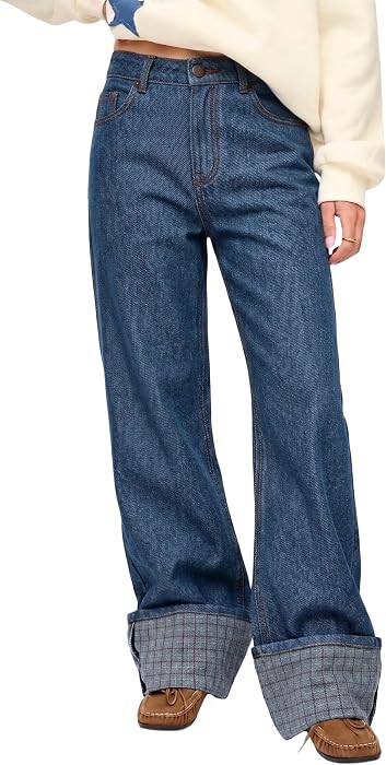 Tankaneo Womens Wide Leg Jeans High Waisted Cuffed Plaid Baggy Denim Pants | Amazon (US)