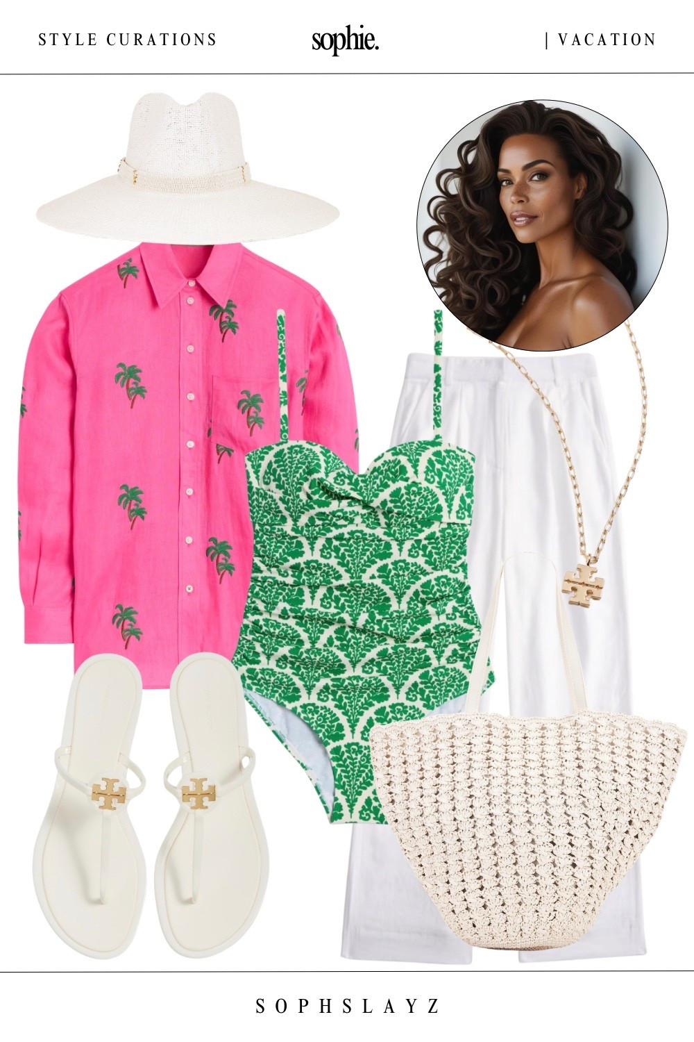 This look: green printed one piece swimsuit, oversized palm print pink button down shirt, wide brim straw hat, woven beach tote, linen pants, white thong sandals, and a gold pendant necklace.
It’s giving Palm Beach polish on vacation. Perfect for poolside lounging, resort days,  and tropical getaways. 

🔎 vacation outfit, resort wear, swimwear, one piece swimsuit, beach cover up, print swimsuit, straw hat, woven tote, vacation sandals, poolside outfit

#LTKTravel