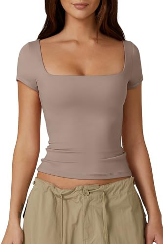 QINSEN Short Sleeve Shirts for Women Square Neck Tops Double Lined Smooth Trendy T-Shirt Warm Taupe M | Amazon (US)