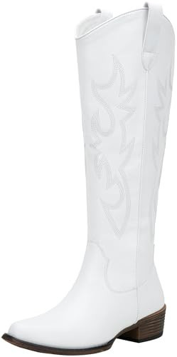 Jeossy Women's White Cowboy Boots Embroided Western Cowgirl Boots Square Toe Knee High Pull on Wide Calf Shoes with Inside Zipper Size 9.5 (DJY9809 white 09.5) | Amazon (US)